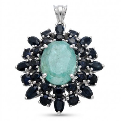 Buena Vista - authentic 21.5 carat Colombian Emerald Sapphire rhodium over .925 Sterling Silver handcrafted Pendant
