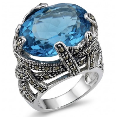 Poseidon 23.8 carat Swiss Blue Topaz .925 Sterling Silver handcrafted Large ring size 7