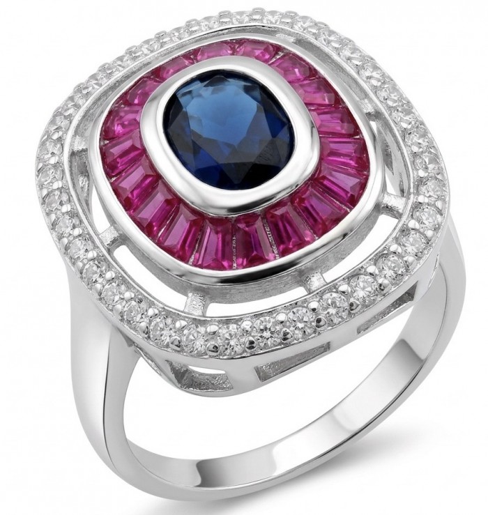 Art Deco 8.6 ctw Sapphire Ruby Rhodium plated .925 Sterling Silver handcrafted Statement Ring size 8