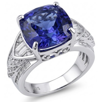 Precious - Art Deco Design asscher cut 15.9 CARAT Tanzanite rhodium over .925 Sterling Silver Statement Ring s. 7