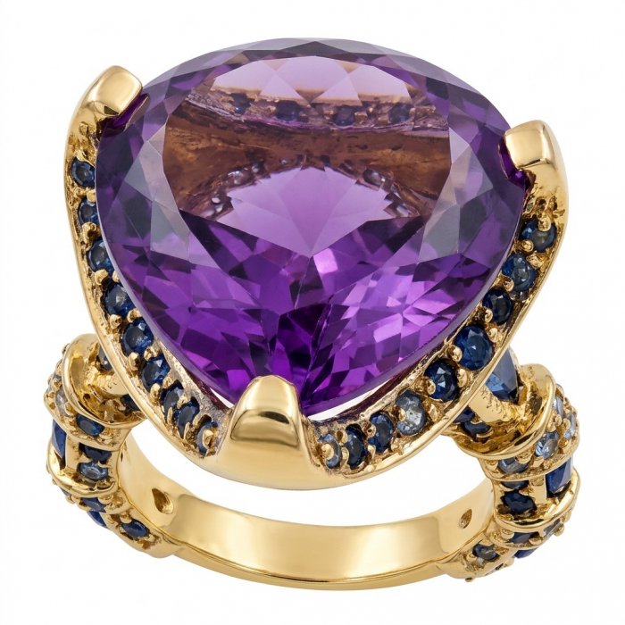 Giuseppina - Authentic 25.5 carat Amethyst Sapphire 22k Gold over .925 Sterling Silver handcrafted Statement Ring size 6 - video