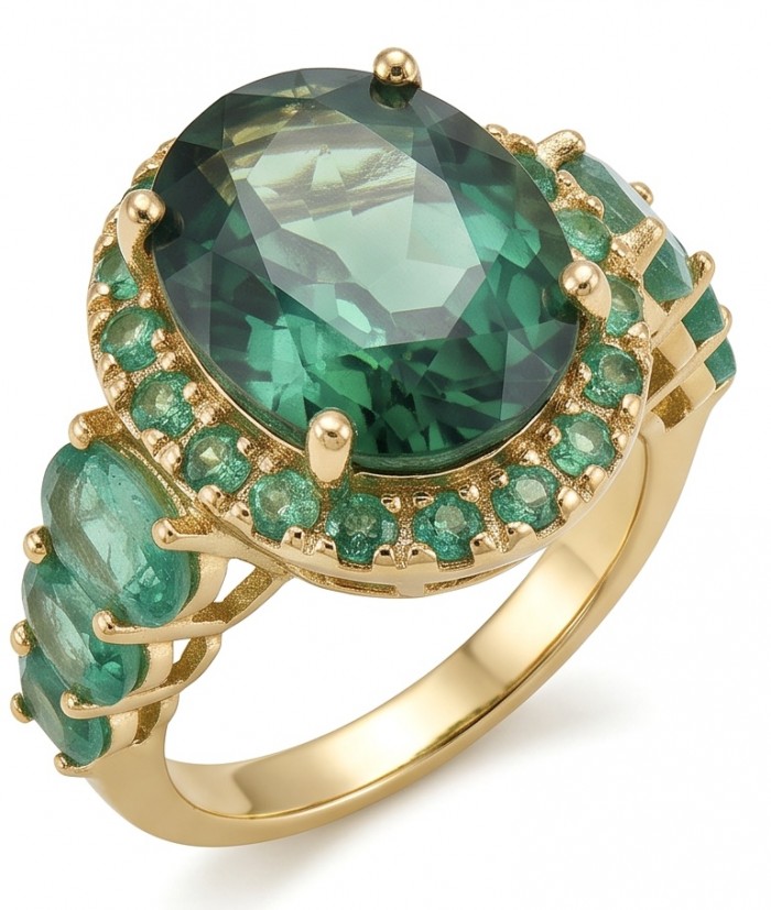 Elizabeth oval cut 12.8 carat top quality Colombian Emerald .925 Sterling Silver dipped in 22K Gold handcrafted Ring size 6