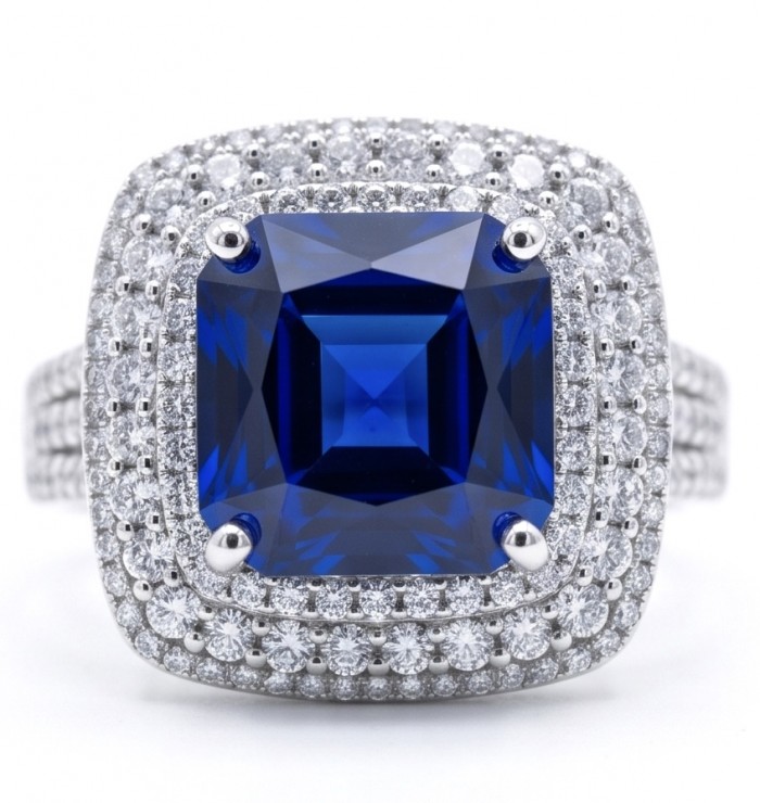 The Star of Kashmir princess cut 15.6 carat Sapphire .925 Sterling Silver handmade Statement ring size 8