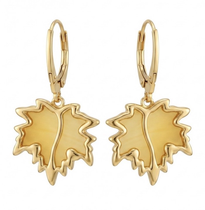 Golden Leaves Genuine carved Butterscotch Baltic Amber 18K Gold over .925 Sterling Silver handcrafted Earrings