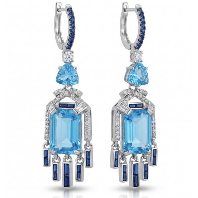 Atlantica - Art Deco- 10.7 carat Swiss Blue Topaz 0.8 CARAT Sapphire .925 Sterling Silver dipped in Rhodium Handcrafted Statement earrings