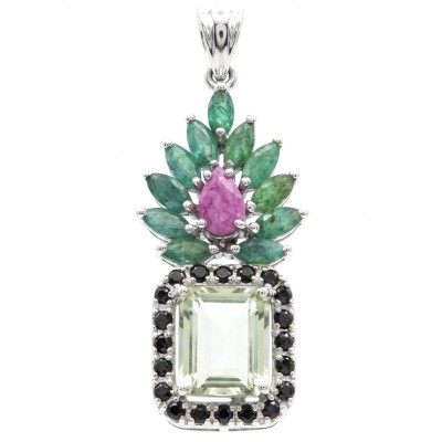 Victoria Authentic 17.2 carat green Amethyst Garnet rhodium over .925 Sterling Silver handmade pendant