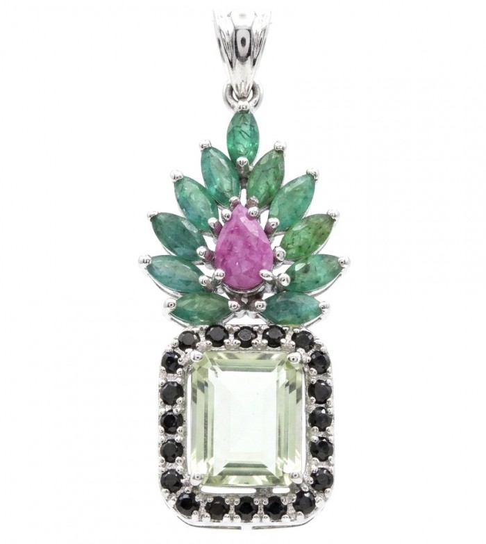 Victoria Authentic 17.2 carat green Amethyst Garnet rhodium over .925 Sterling Silver handmade pendant