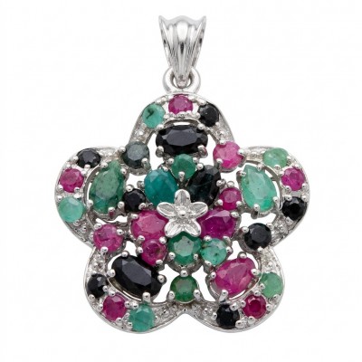 Deluxe 22.2 carat authentic Sapphire Emerald Ruby rhodium over .925 Sterling Silver handmade Statement Pendant