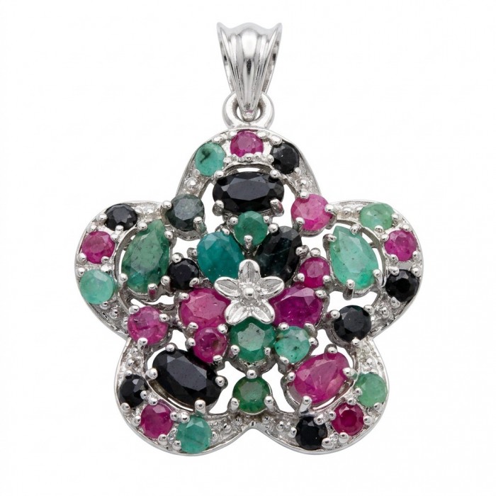 Deluxe 22.2 carat authentic Sapphire Emerald Ruby rhodium over .925 Sterling Silver handmade Statement Pendant