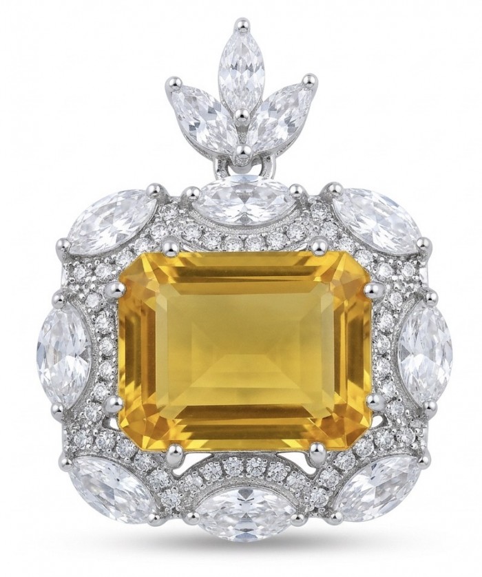 Vintage style boquette cut 12.8 carat yellow Sapphire .925 Sterling Silver DIPPED IN RHODIUM handmade Pendant