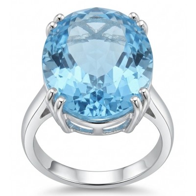 Aqua 18.5 carat Swiss Blue Topaz rhodium over .925 Sterling Silver handcrafted ring size 7 1/4
