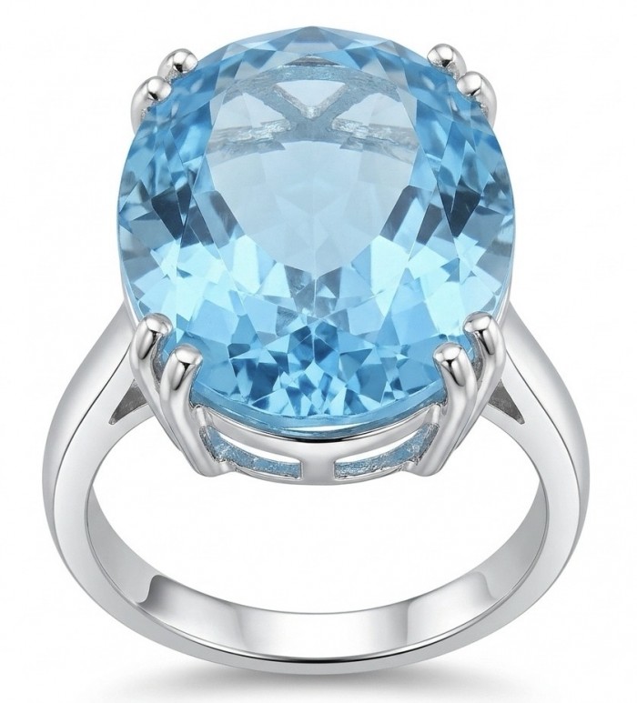 Aqua 18.5 carat Swiss Blue Topaz rhodium over .925 Sterling Silver handcrafted ring size 7 1/4