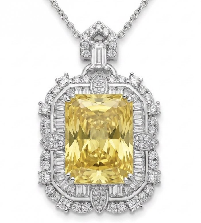 Art Deco - Baquette cut 35.5 carat YELLOW SAPPHIRE .925 Sterling Silver dipped in Rhodium handcrafted necklace - video
