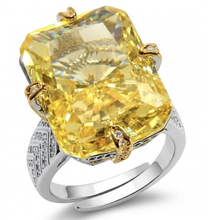 Solid 24.8 carat Genuine Yellow Sapphire 2 tones .925 Sterling Silver handcrafted ring size 8 adjustable