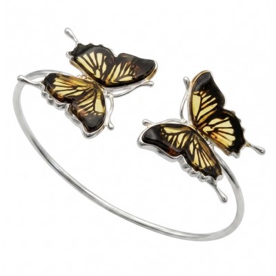 Golden Butterfly Genuine carved Baltic Amber .925 Sterling Silver dipped in rhodium handamde Bracelet