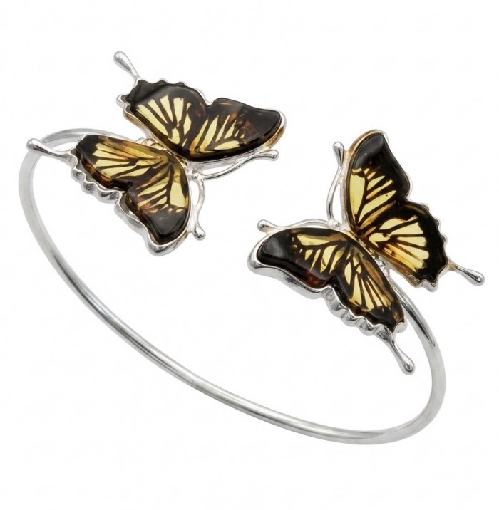 Golden Butterfly Genuine carved Baltic Amber .925 Sterling Silver dipped in rhodium handamde Bracelet