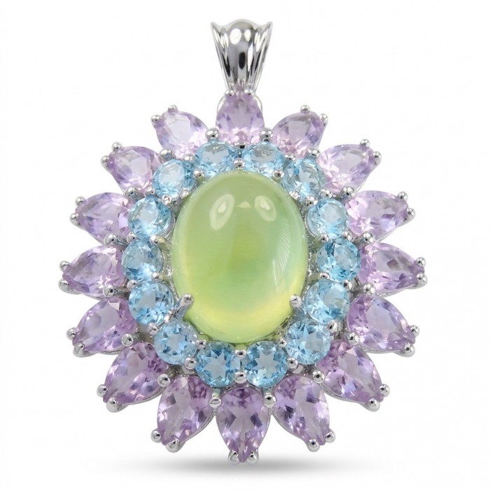 Wise Bliss Authentic 14.6 carat Prehnite Aquamarine .925 Sterling Silver dipped in Rhodium handmade Pendant