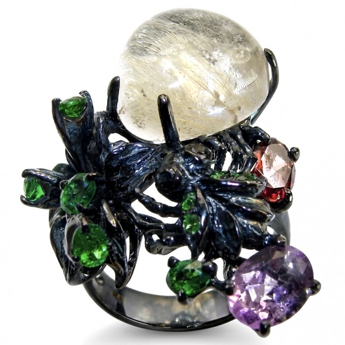 Large Best quality Golden Rutilated Quartz black rhodium over .925 Sterling Silver handcrafted Ring Size 8 1/2