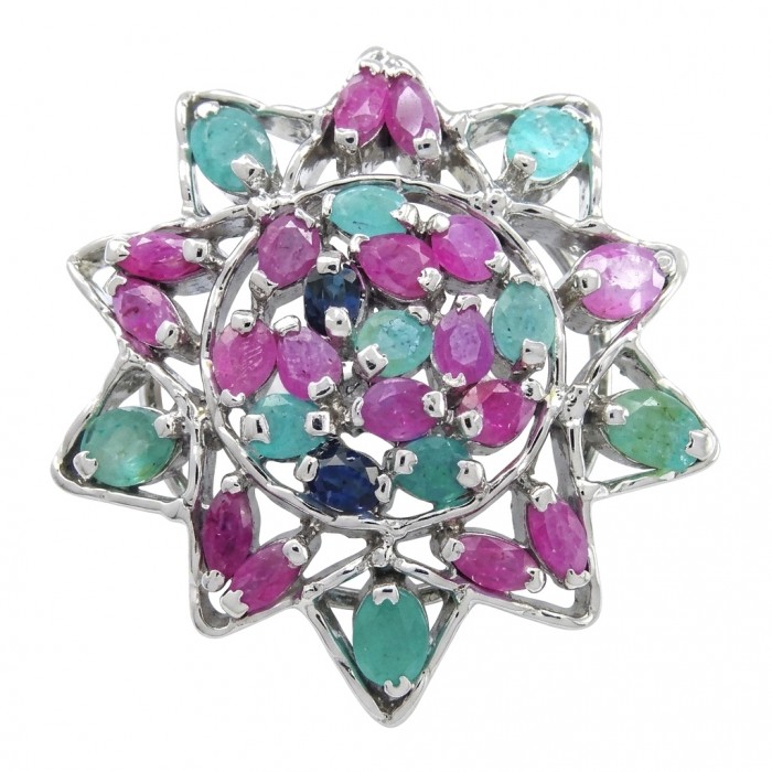 20.5 carat Authentic Kashmir Ruby Emerald Sapphire .925 Sterling Silver handcrafted Pendant and Brooch