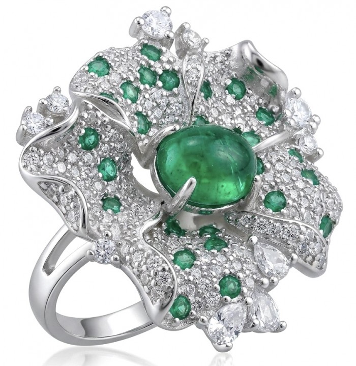 Dolce Vita 4.2 carat Colombian Emerald .925 Sterling Silver dipped in rhodium handmade Cocktail Ring s. 7