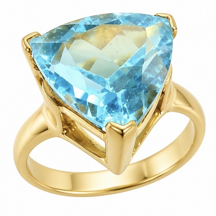 Aqua trillion cut 18.5 carat Swiss Blue Topaz 22K Gold over .925 Sterling Silver handcrafted ring size 7