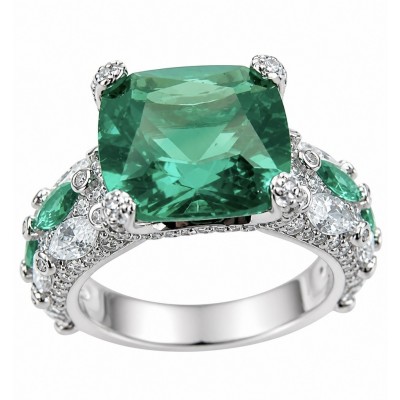 Luxurious asscher cut 10.9 carat Emerald .925 Sterling Silver rhodium over handcrafted Ring s. 6 3/4