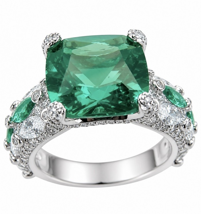 Luxurious asscher cut 10.9 carat Emerald .925 Sterling Silver rhodium over handcrafted Ring s. 6 3/4