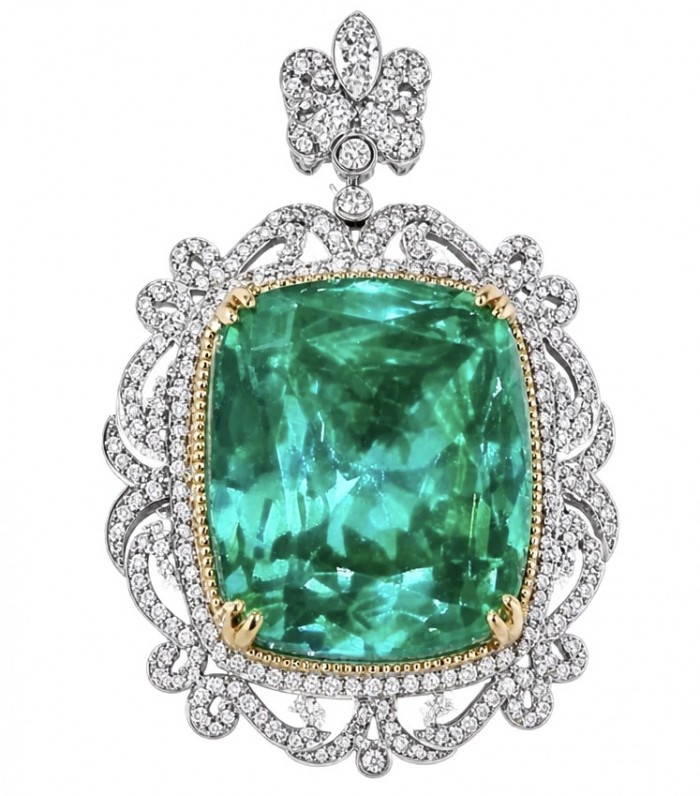 Brazilian's Briliance - emerald cut 33.7 carat Paraiba Tourmaline 2 tones .925 Sterling Silver handcrafted necklace