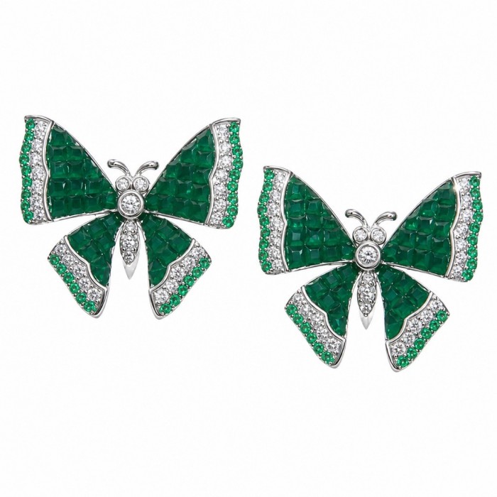 Incredible green Butterflies genuine mystery setting 11.5 CARAT Emerald .925 Sterling Silver handcrafted Earrings