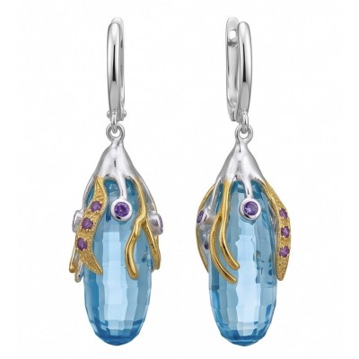 Blue Ocean Drops - 22.7 carat carved Swiss Blue Topaz 0.8 CARAT Ruby .925 Sterling Silver dipped in Rhodium Handcrafted Statement earrings