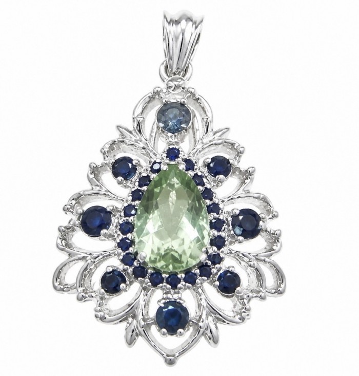 Isabel Authentic 20.2 carat Green Amethyst Sapphire rhodium over .925 Sterling Silver handmade pendant