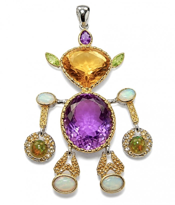 My precious Humanoid Friend 44.6 carat GEMSTONES 18k Gold over .925 Sterling Silver dipped in Rhodium handmade Pendant