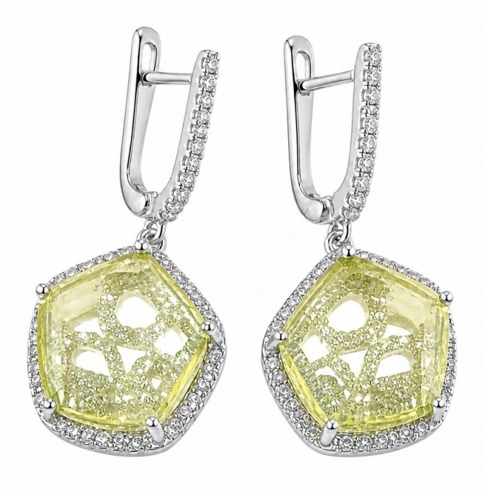 SunRise 10.8 carat Lemon Quartz rhodium over .925 Sterling Silver handcrafted Statement Earrings