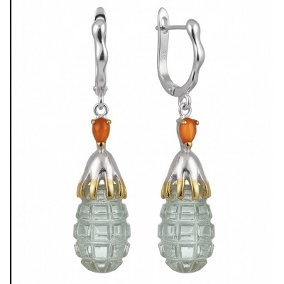 Corn on the cob - 20.2 carat carved Green Amethyst 2 tones .925 Sterling Silver dipped in Rhodium Handcrafted Statement earrings