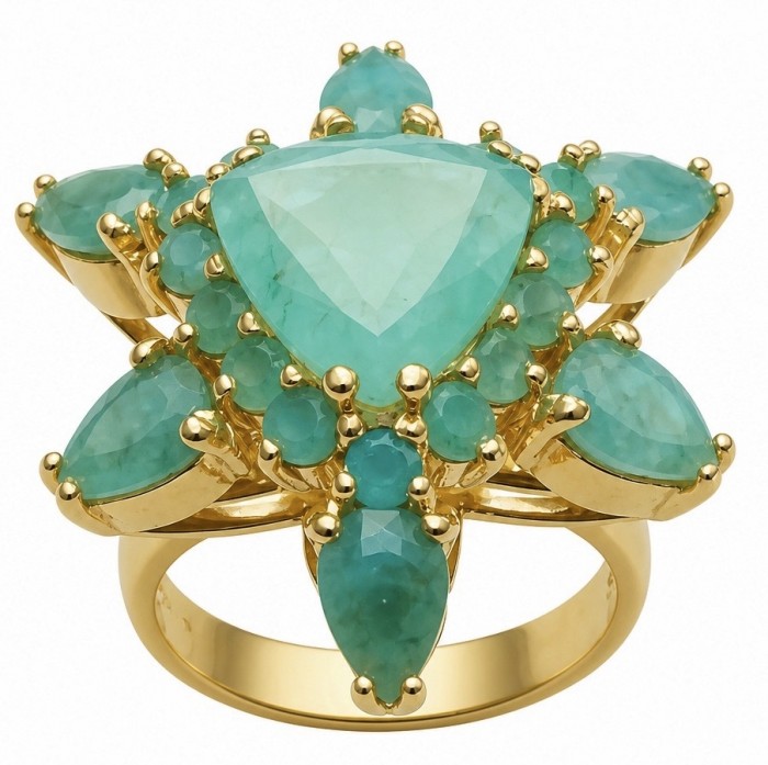 Elizabeth trillionl cut 12.8 carat top quality Colombian Emerald .925 Sterling Silver dipped in 22K Gold handcrafted Ring size 7
