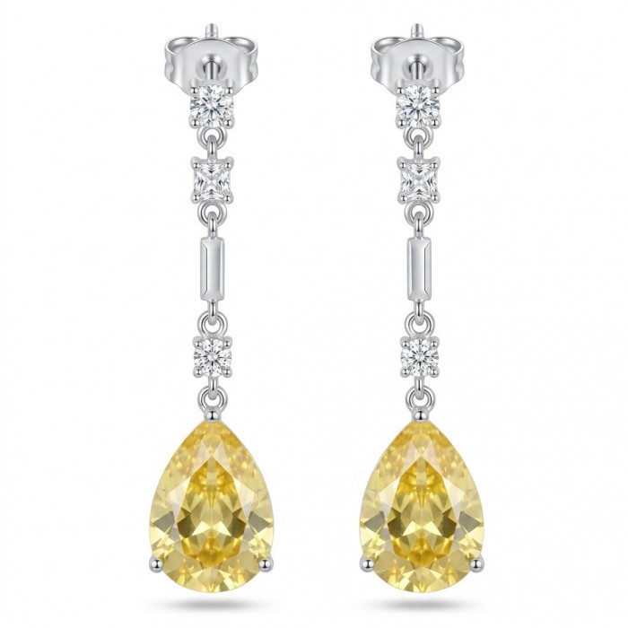 Luxurious pear cut 8.5 carat Yellow Sapphire rhodium over .925 Sterling Silver handcrafted earrings