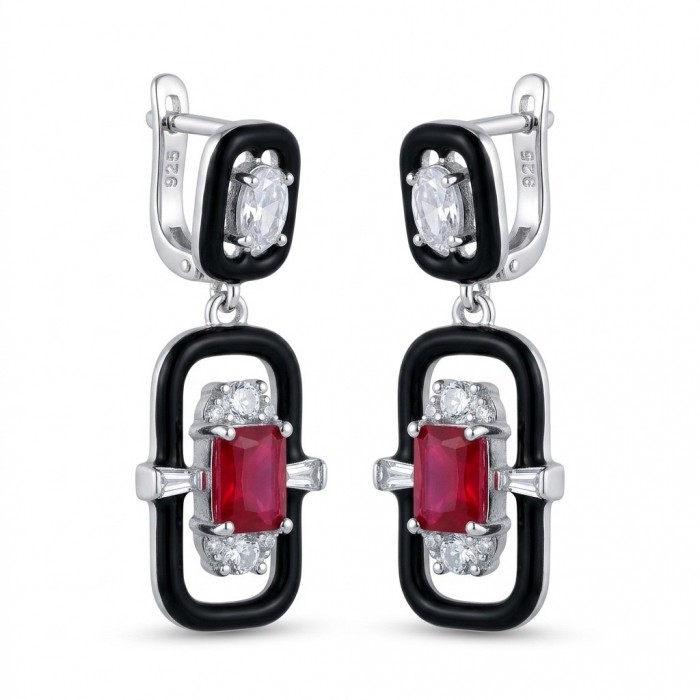 Art Deco - 4.5 carat Ruby enamel .925 Sterling Silver handcrafted incredible earrings