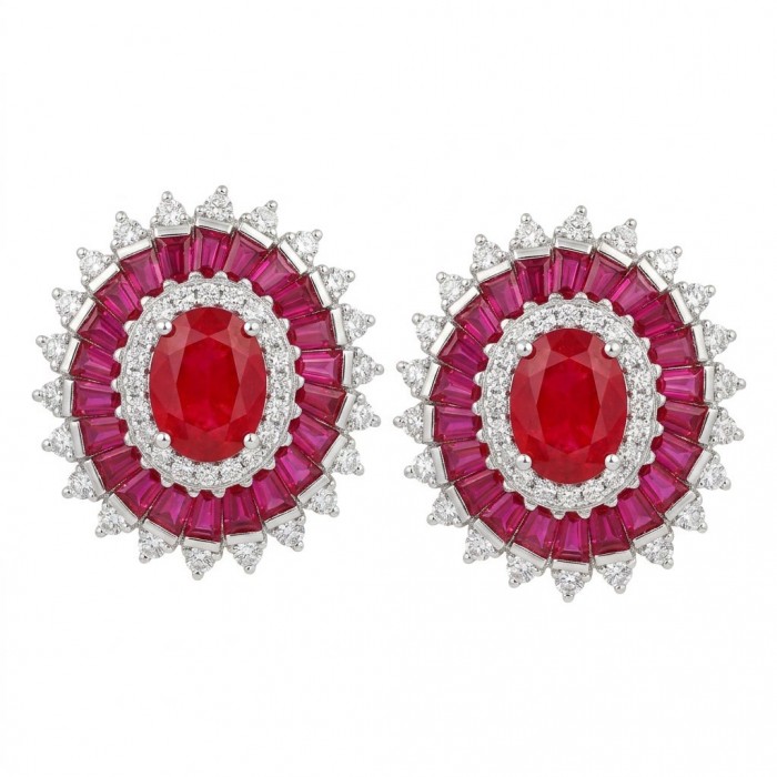 Art Deco - Genuine 3.8 carat Ruby rhodium over .925 Sterling Silver handcrafted Statement Earrings