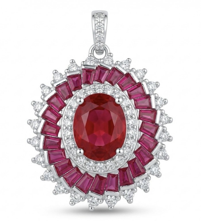 Art Deco - Genuine 3.8 carat Ruby rhodium over .925 Sterling Silver handcrafted Statement Pendant