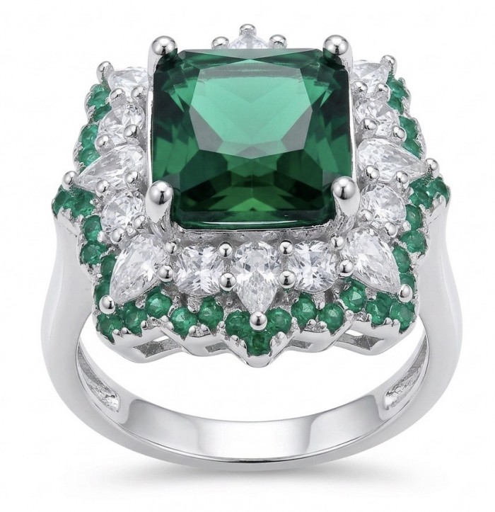 Luxurious asscher cut 7.9 carat Emerald .925 Sterling Silver rhodium over handcrafted Ring s. 7 1/2