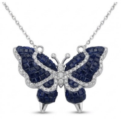 Precious Blue Butterfly mystery setting 14.2 carat natural Sapphire .925 Sterling Silver Necklace