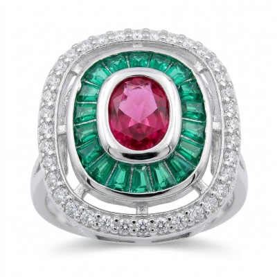 Art Deco 8.6 ctw Ruby Rhodium plated .925 Sterling Silver handcrafted Statement Ring size 8