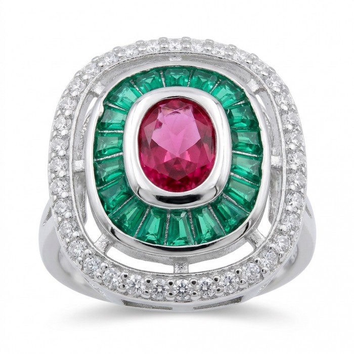 Art Deco 8.6 ctw Ruby Rhodium plated .925 Sterling Silver handcrafted Statement Ring size 8