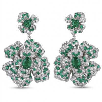 Spectacular - Floral design 8.8 carat Colombian Emerald .925 Sterling Silver dipped in rhodium handmade Statement Earrings
