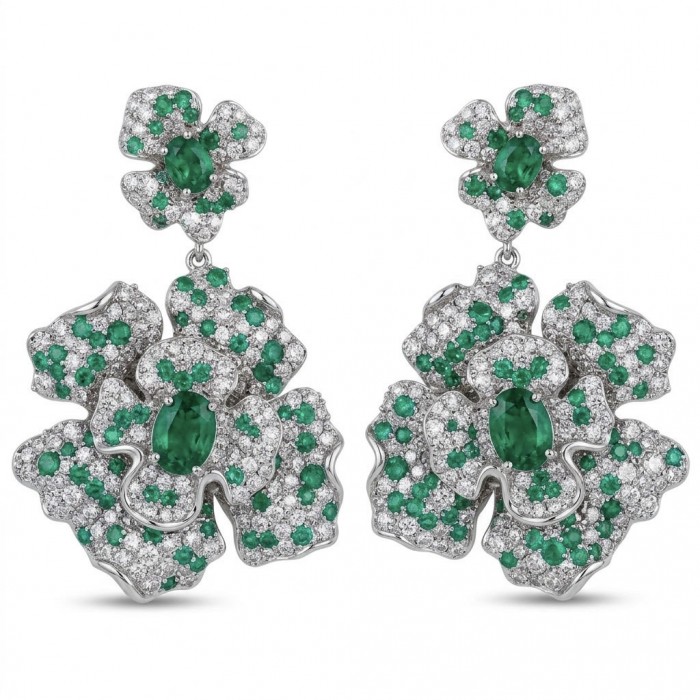 Spectacular - Floral design 8.8 carat Colombian Emerald .925 Sterling Silver dipped in rhodium handmade Statement Earrings