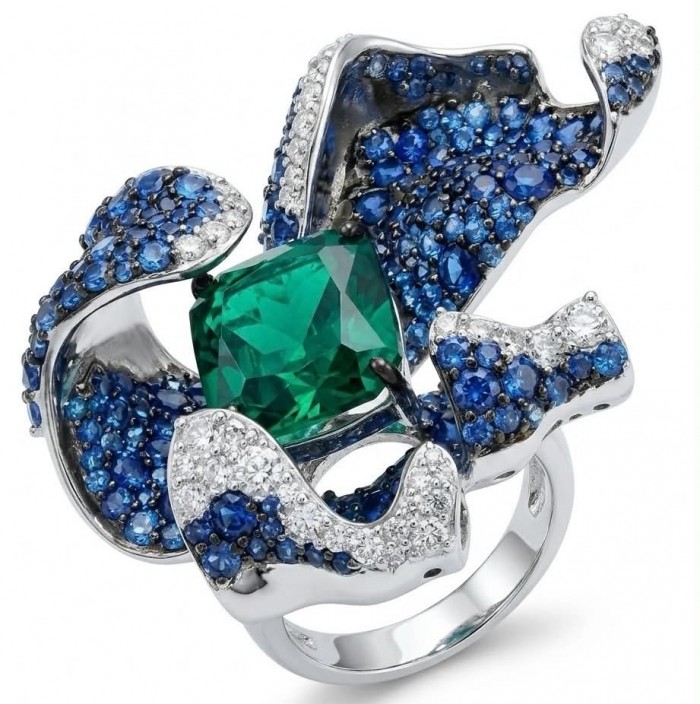 Wild Flower 55.2 carat authentic Colombian Emerald Sapphire .925 Sterling Silver handcrafted Statement Ring size 6