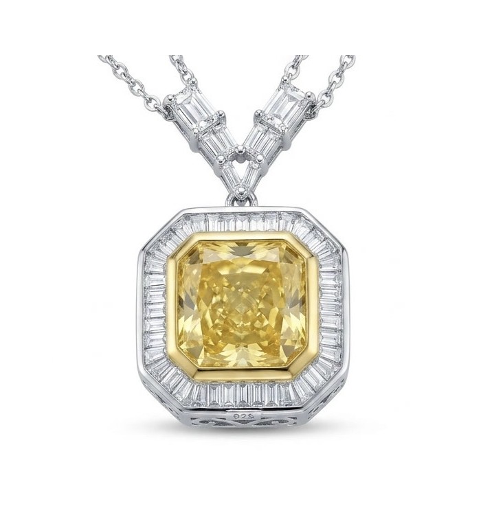 Art Deco - Luxurious asscher cut 14.7 carat Yellow Sapphire rhodium over .925 Sterling Silver handcrafted necklace