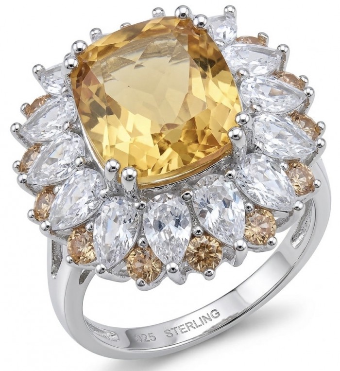 Vivien - Natural 14. 2 carat Citrine .925 Sterling Silver dipped rhodium handcrafted Statement ring; s. 6 3/4