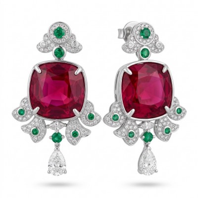 Art deco Magnificent Jewel 20.4 carat Ruby .925 Sterling Silver dipped rhodium handcrafted incredible earrings