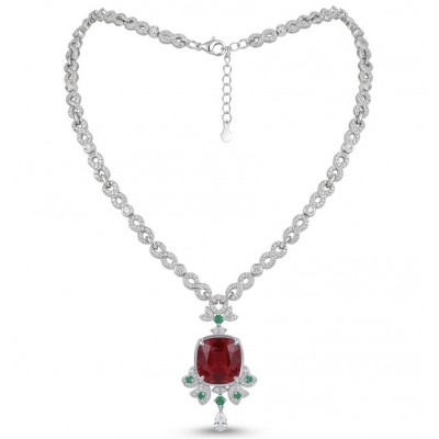 Luxurious 12.9 carat natural Mozambique Ruby rhodium over .925 Sterling Silver .925 Sterling Silver Statement Necklace